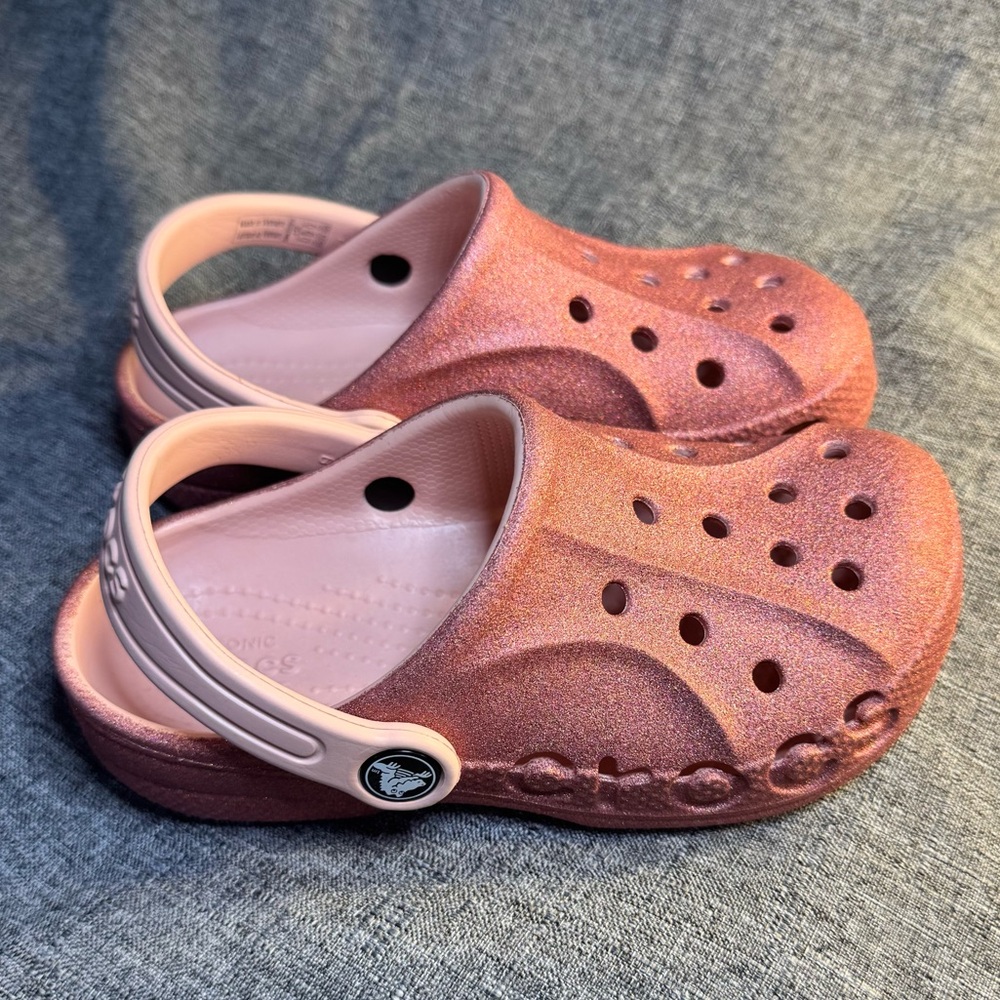 Pink rose glitter kids crocs EUC